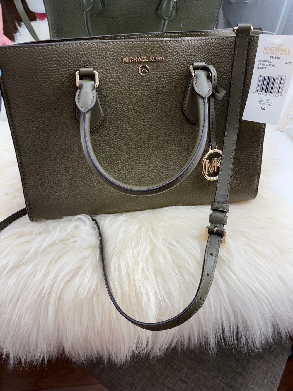 Michael Kors Olive Green Leather Satchel with Gold-Tone MK Charm